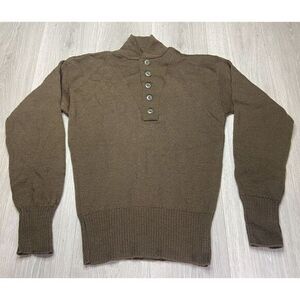 Vintage Military Sweater Men Medium Brown OD Wool Henley Pullover Army Field‎
